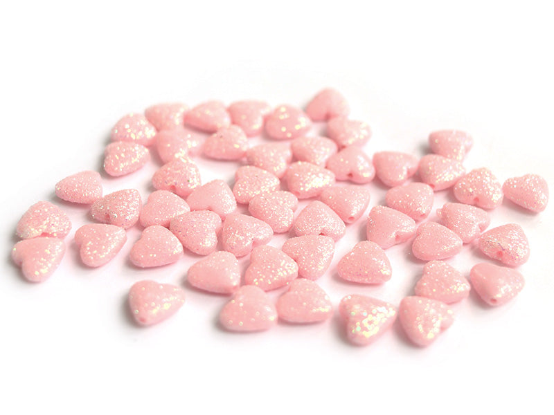 achat 50 perles en plastique - coeur rose pailletté - 12 mm