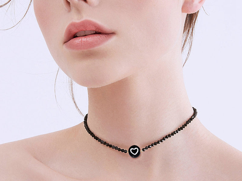 achat 20 perles rondes en plastique - cœurs - noir et blanc