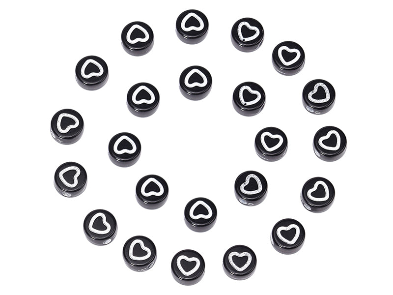 Achat 20 perles rondes en plastique - cœurs - noir et blanc