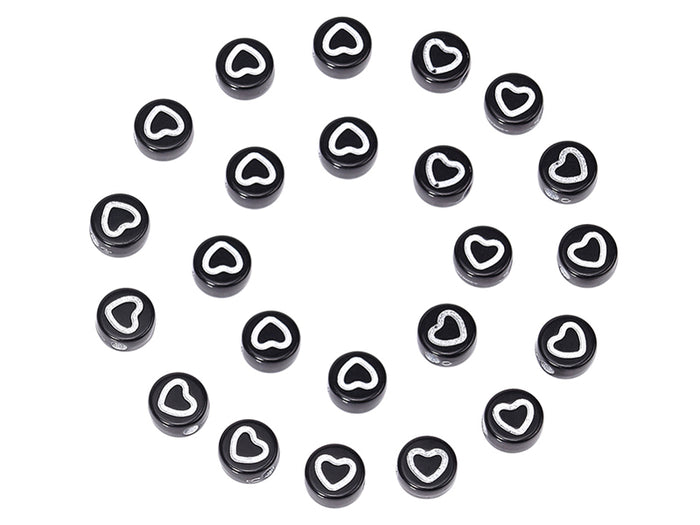 Achat 20 perles rondes en plastique - cœurs - noir et blanc