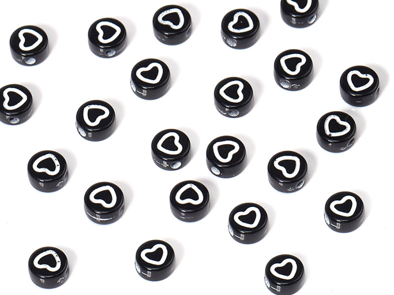 achat 20 perles rondes en plastique - cœurs - noir et blanc
