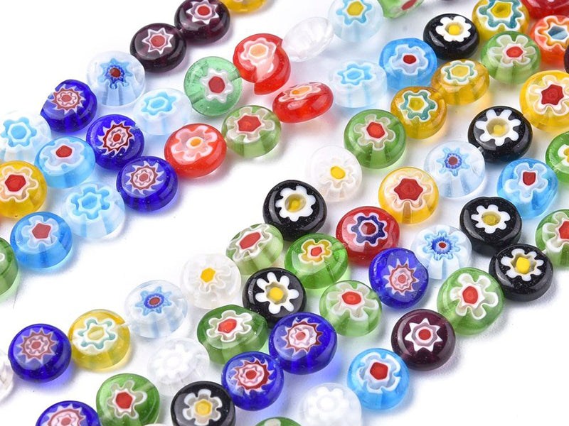 achat 20 perles millefiori en verre - rond plat - 8x3 mm