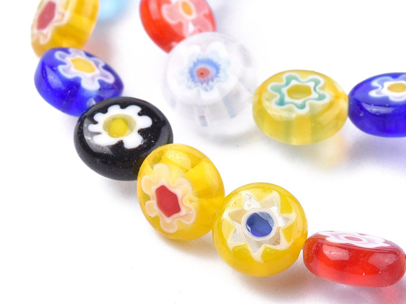 Boucles D'oreilles Pendantes Perles Verre Millefiori - Fond Blanc - Fermoir Crochet Plaqué Or