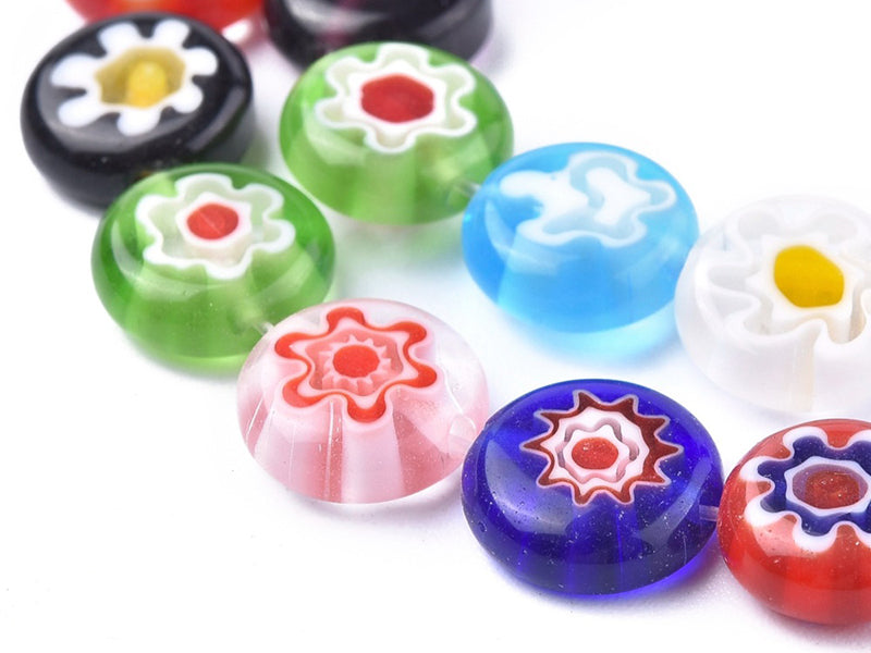 Achat 20 perles millefiori en verre - rond plat - 10x4 mm