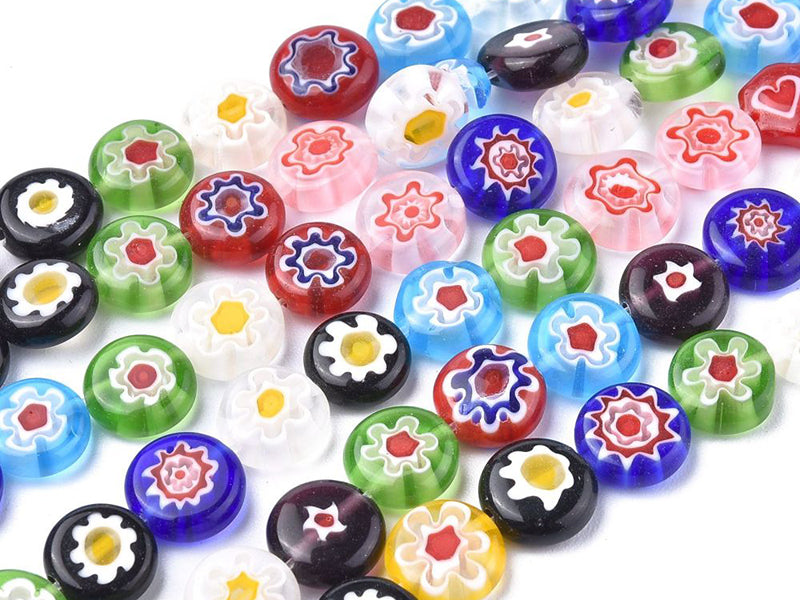 achat 20 perles millefiori en verre - rond plat - 10x4 mm