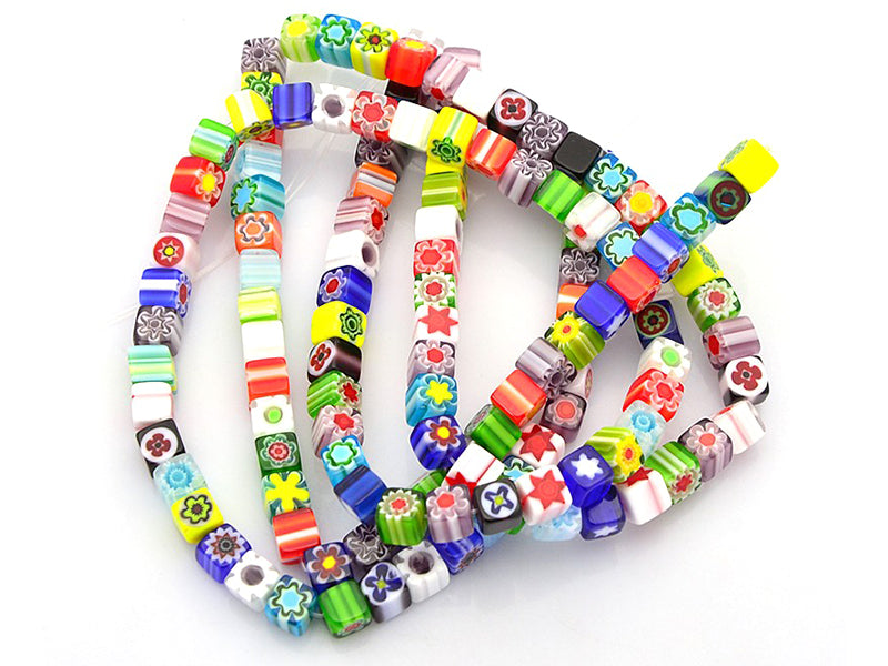 achat 20 perles millefiori en verre - cube - 6 mm