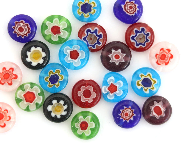 Achat 20 perles millefiori en verre - rond plat - 10x4 mm