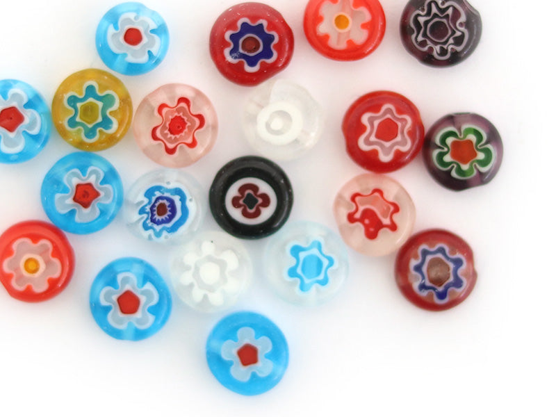 Achat 20 perles millefiori en verre - rond plat - 8x3 mm