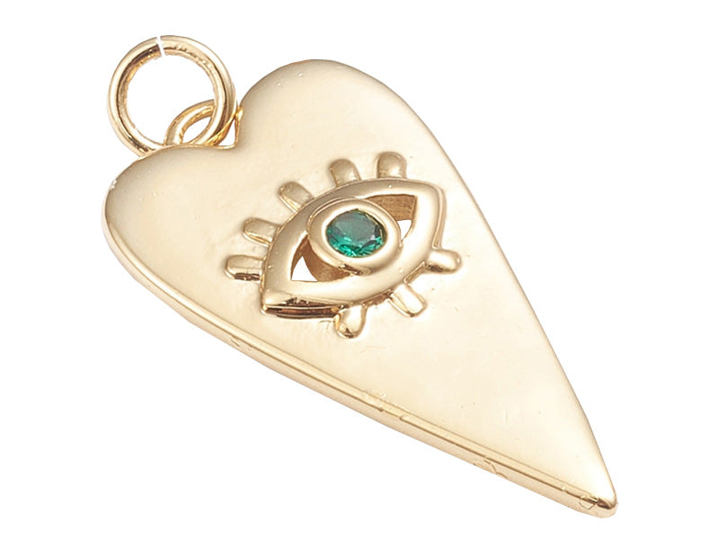 Achat Breloque dorée à l'or fin 18 K – Coeur allongé avec œil strass vert