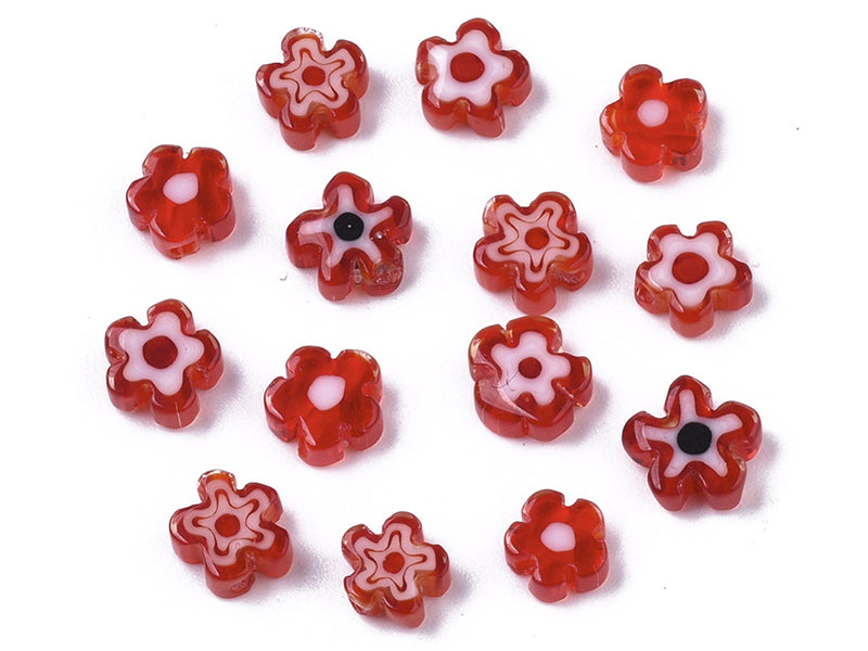 Achat 20 perles millefiori en verre - fleur rouge - 6 mm