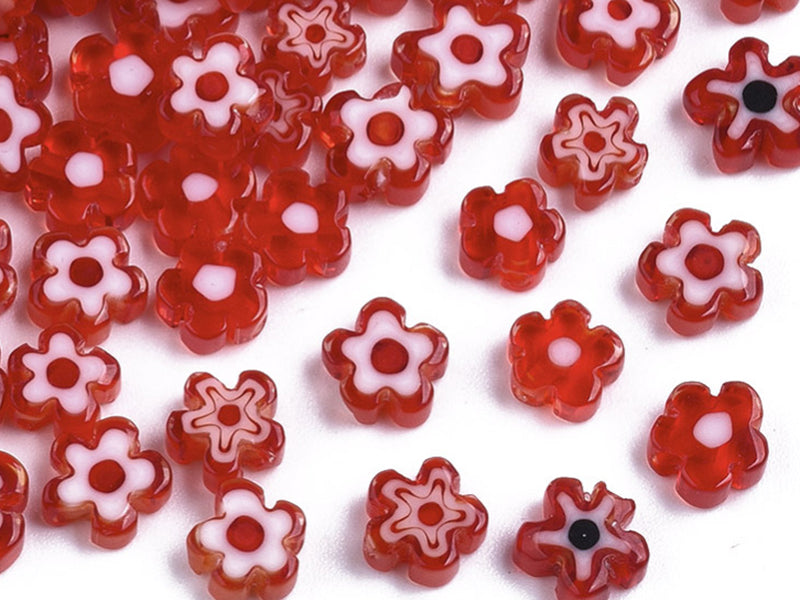 Achat 20 perles millefiori en verre - fleur rouge - 6 mm