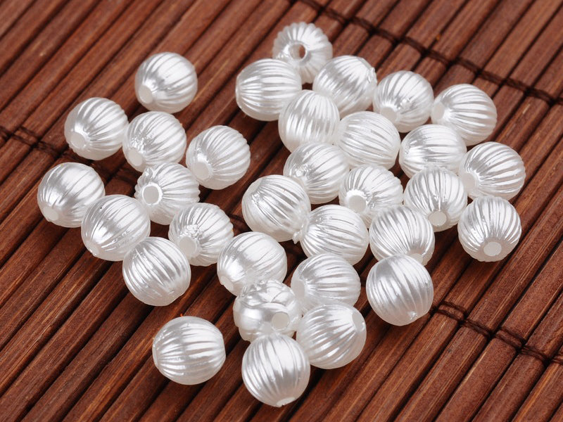 achat 20 perles en plastique imitation perles de culture - rond strié - 6 mm