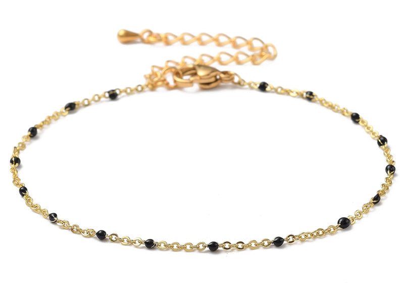 Achat Bracelet chaînette émaillée à petits points noirs - 18,5 cm - doré à l'or fin 18K