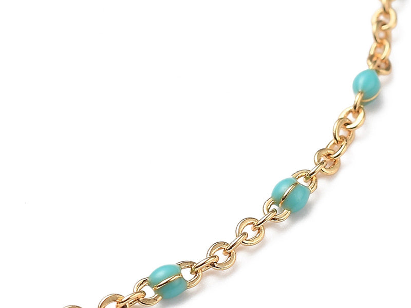 achat Bracelet chaînette émaillée à petits points turquoise - 18,5 cm - doré à l'or fin 18K