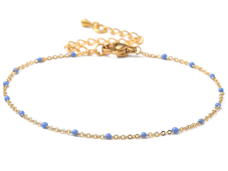 Achat Bracelet chaînette émaillée à petits points bleuet - 18,5 cm - doré à l'or fin 18K