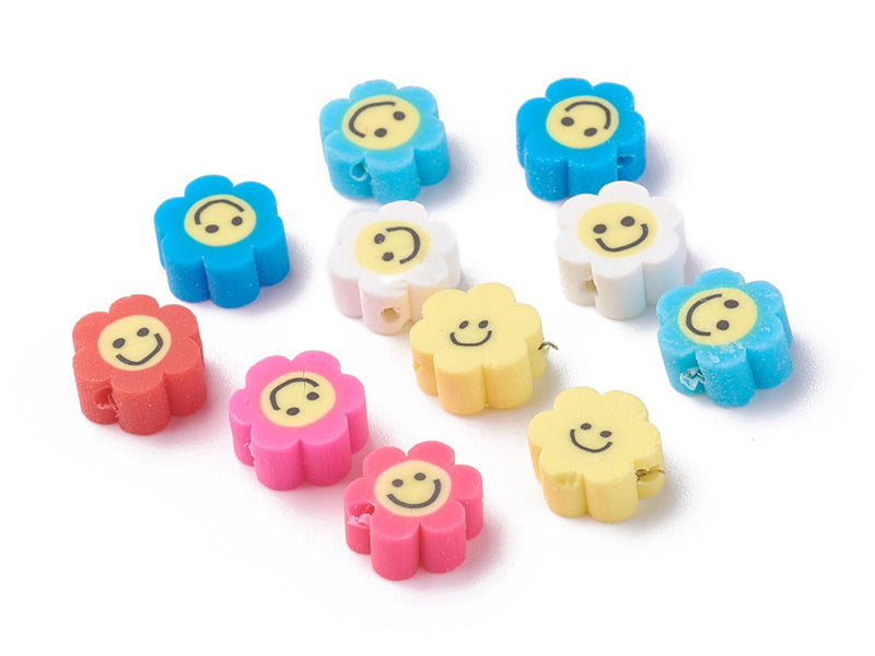 Achat 20 perles fleurs en pâte polymère - paquerette souriante - multicolore