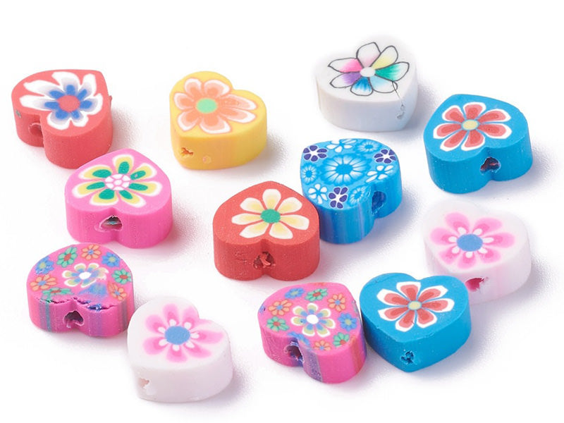 Achat 20 perles  en pâte polymère - cœurs effet millefiori - multicolore