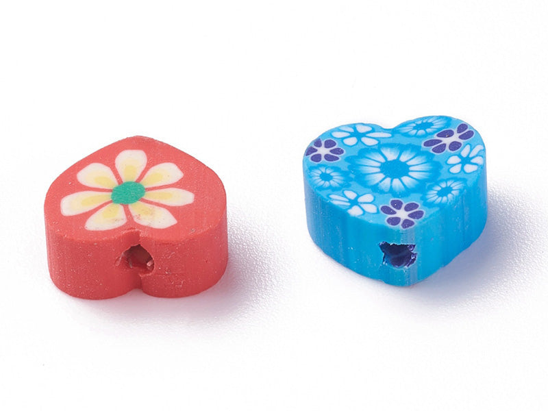 achat 20 perles  en pâte polymère - cœurs effet millefiori - multicolore