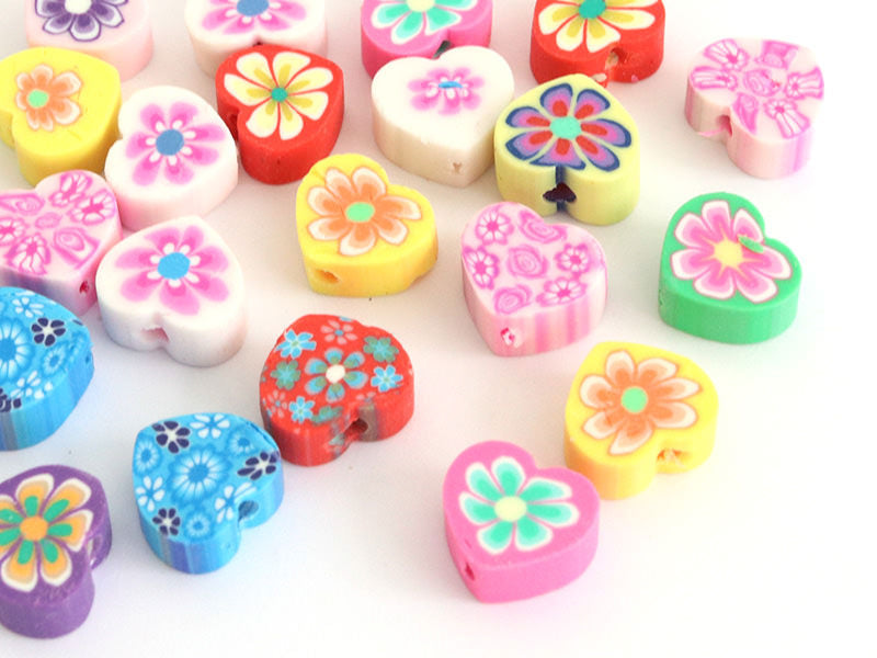 Achat 20 perles  en pâte polymère - cœurs effet millefiori - multicolore