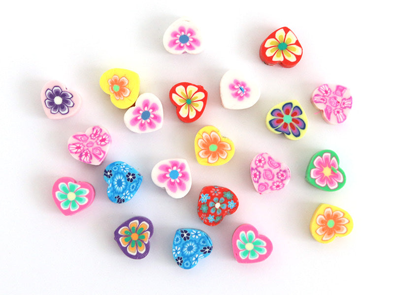 achat 20 perles  en pâte polymère - cœurs effet millefiori - multicolore