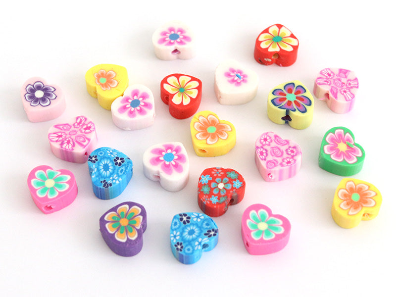 achat 20 perles  en pâte polymère - cœurs effet millefiori - multicolore