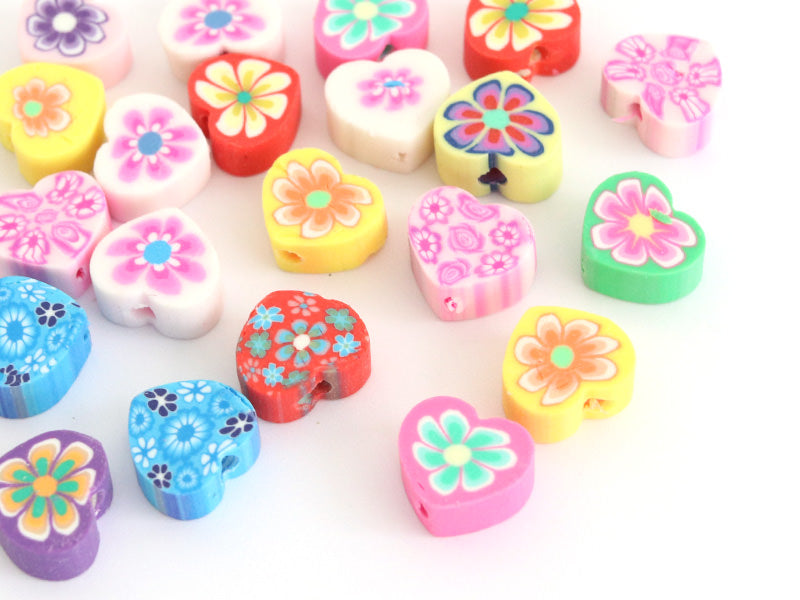 achat 20 perles  en pâte polymère - cœurs effet millefiori - multicolore