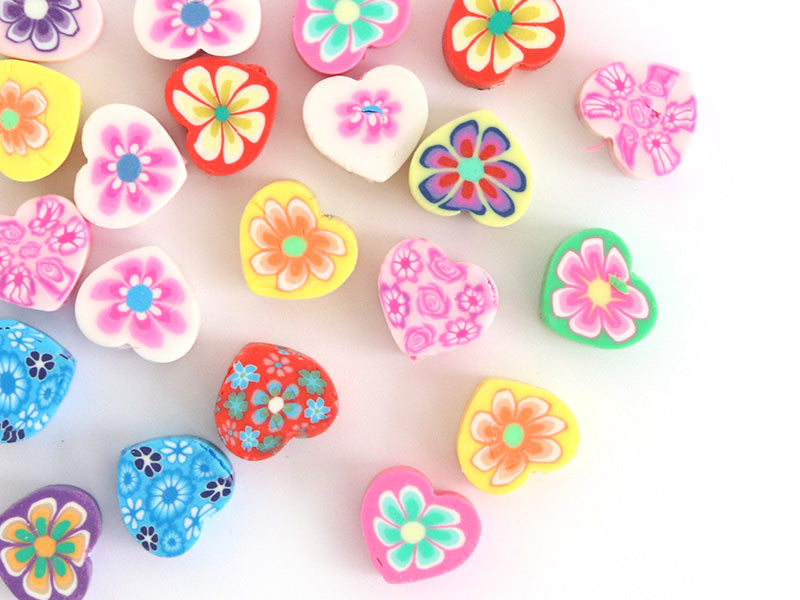 achat 20 perles  en pâte polymère - cœurs effet millefiori - multicolore