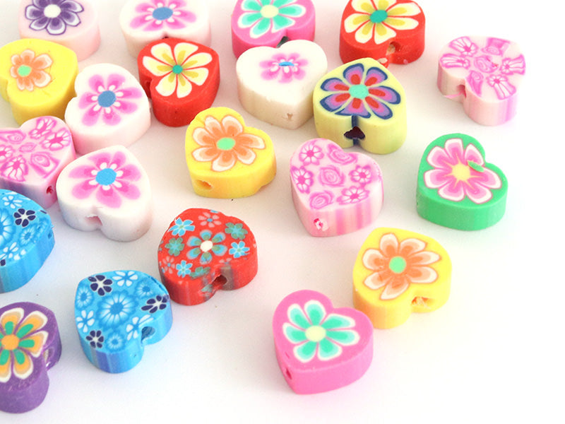 achat 20 perles  en pâte polymère - cœurs effet millefiori - multicolore