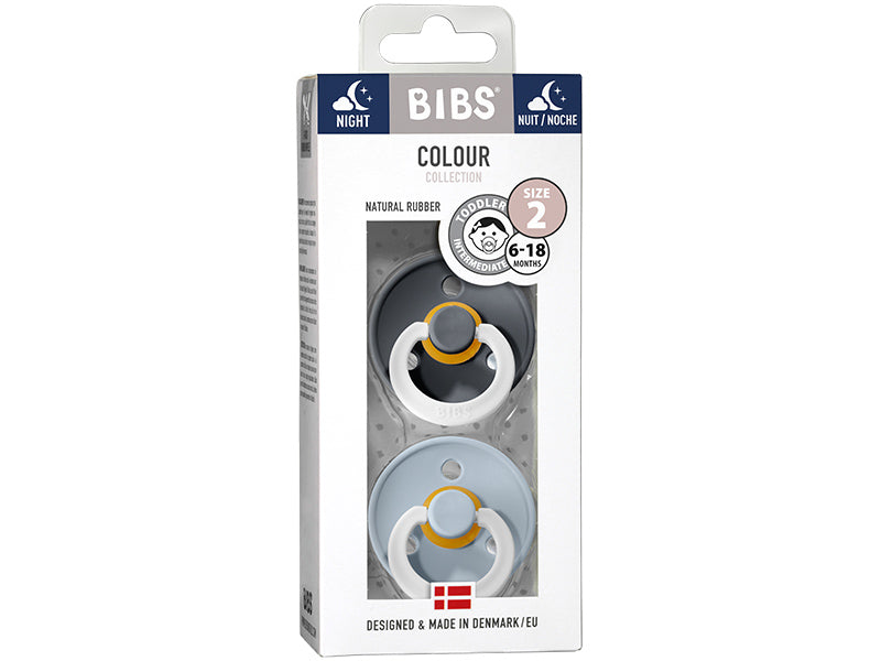 Achat Lot de 2 tétines Bibs Colour T2 - Gris fer phosphorescent & bleu layette phosphorescent