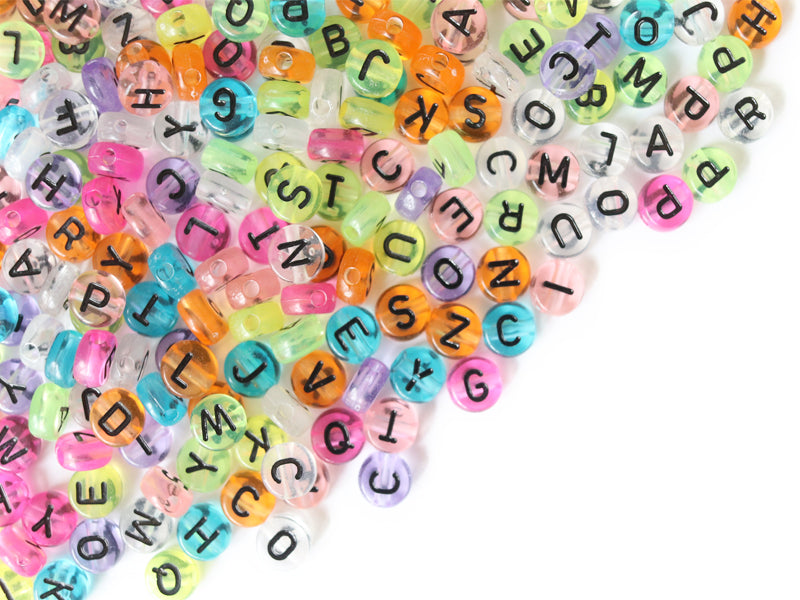 Achat Lot de 200 perles rondes colorées lettres alphabet - transparentes