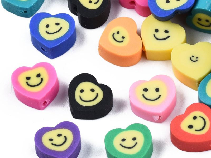 Achat 20 perles en pâte polymère - sourire coeur - Multicolore