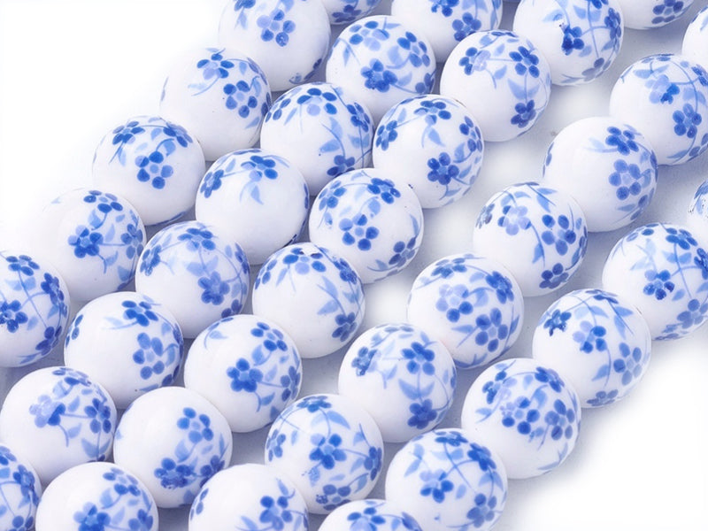 Achat 10 perles en céramique imprimées fleurs - Bleu