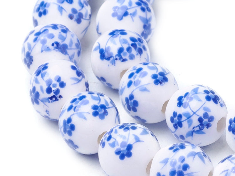 achat 10 perles en céramique imprimées fleurs - Bleu