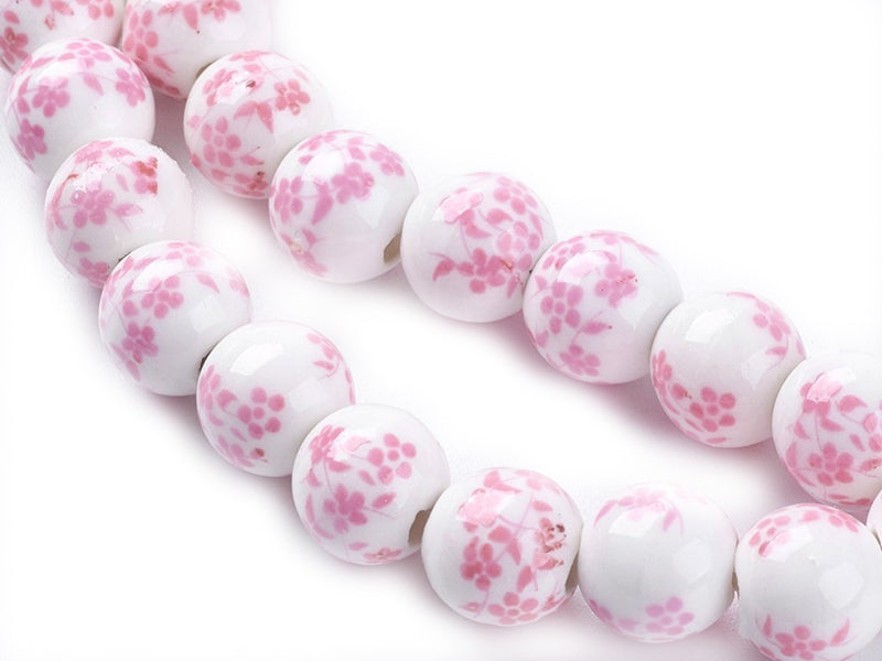 achat 10 perles en céramique imprimées fleurs - Rose