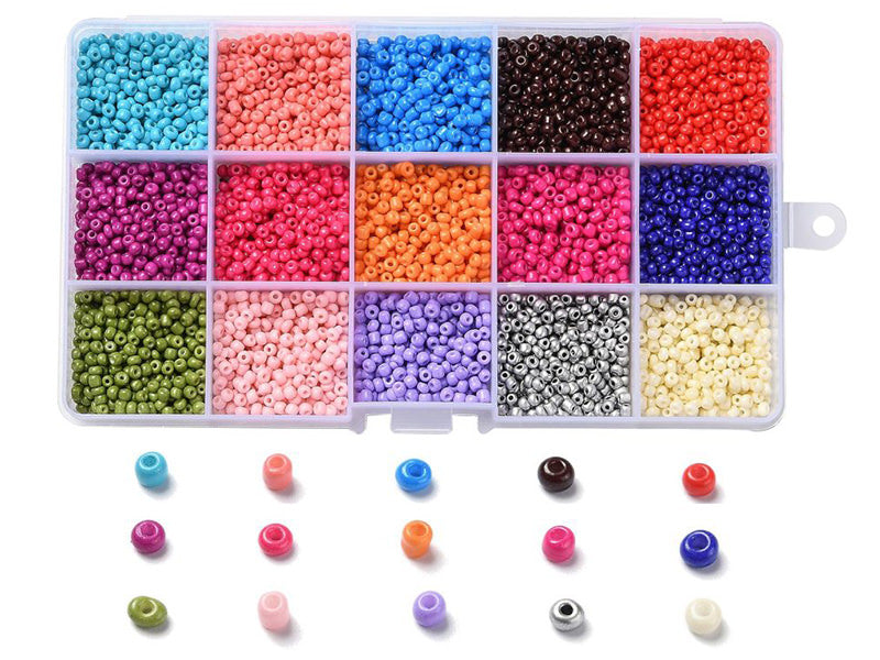 Achat Boite de 15 couleurs variées de perles de rocailles rondes 8/0 - 3mm env.
