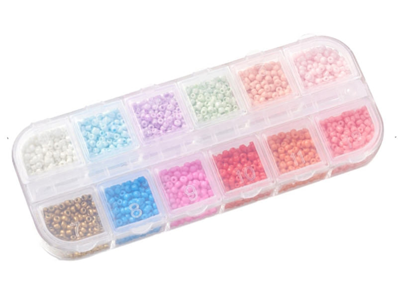 achat Boite de 12 couleurs estivales de perles de rocailles rondes - 2mm - 3000 pcs environ