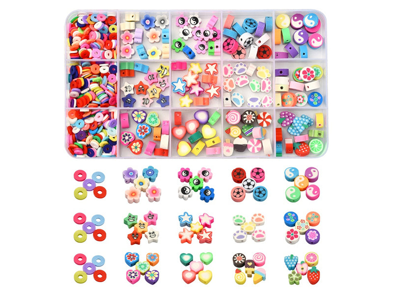 Achat Boite de 15 styles de perles en pâte polymère - Multicolore