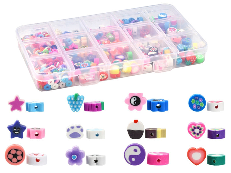 achat Boite de 15 styles de perles en pâte polymère - Multicolore