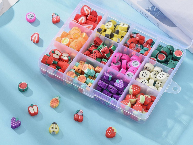 achat Boite de 12 compartiments de perles fruits en pâte polymère - Multicolore