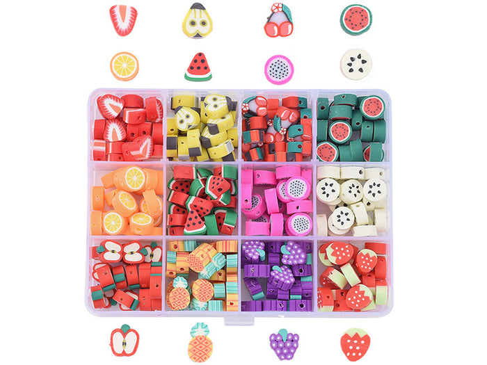 Achat Boite de 12 compartiments de perles fruits en pâte polymère - Multicolore