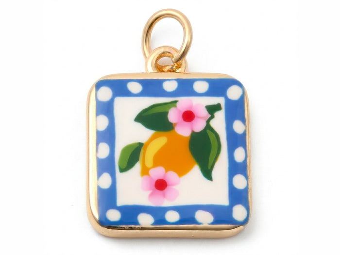 Achat Breloque carrée citron fleuri imprimée - laiton doré