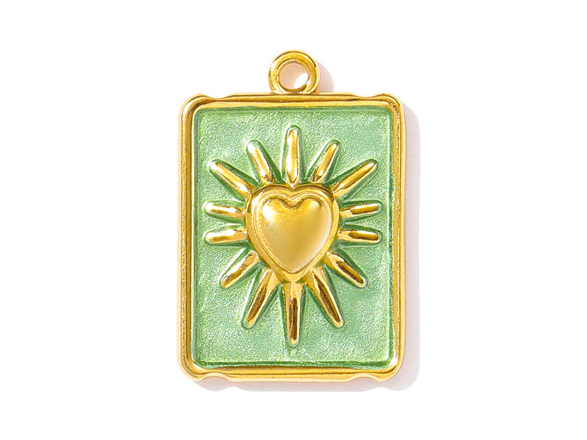 achat Breloque médaille rectangle avec cœur ex-voto vert d'eau doré à l'or fin