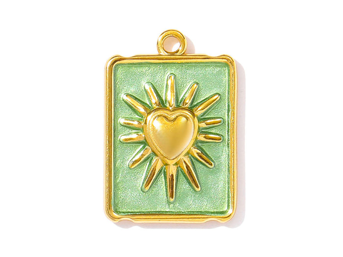 Achat Breloque médaille rectangle avec cœur ex-voto vert d'eau doré à l'or fin