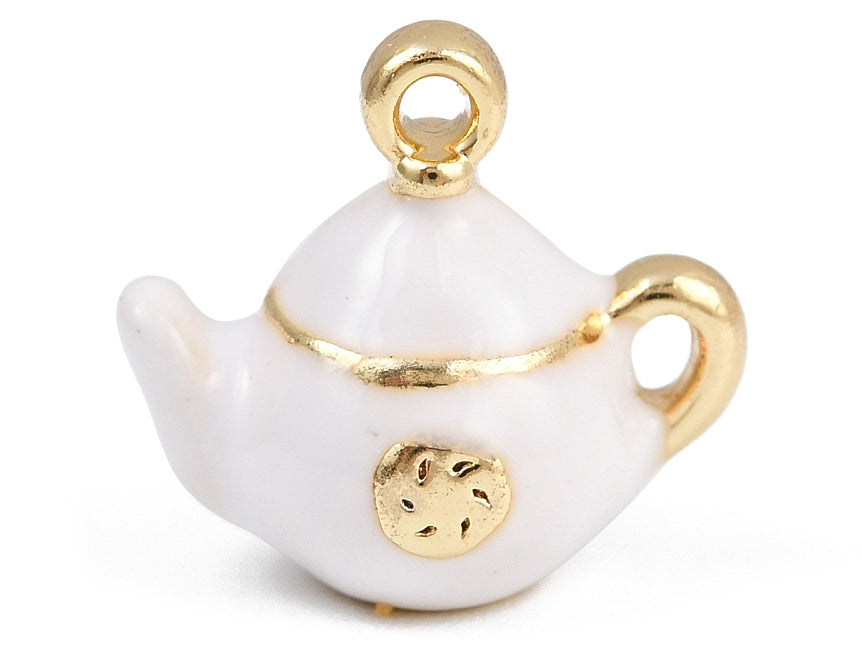 Achat Breloque théière blanche émaillée - doré