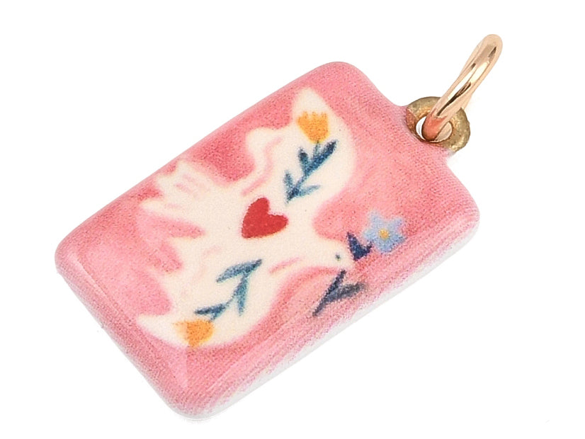 achat Breloque rectangle rose oiseau - laiton doré clair