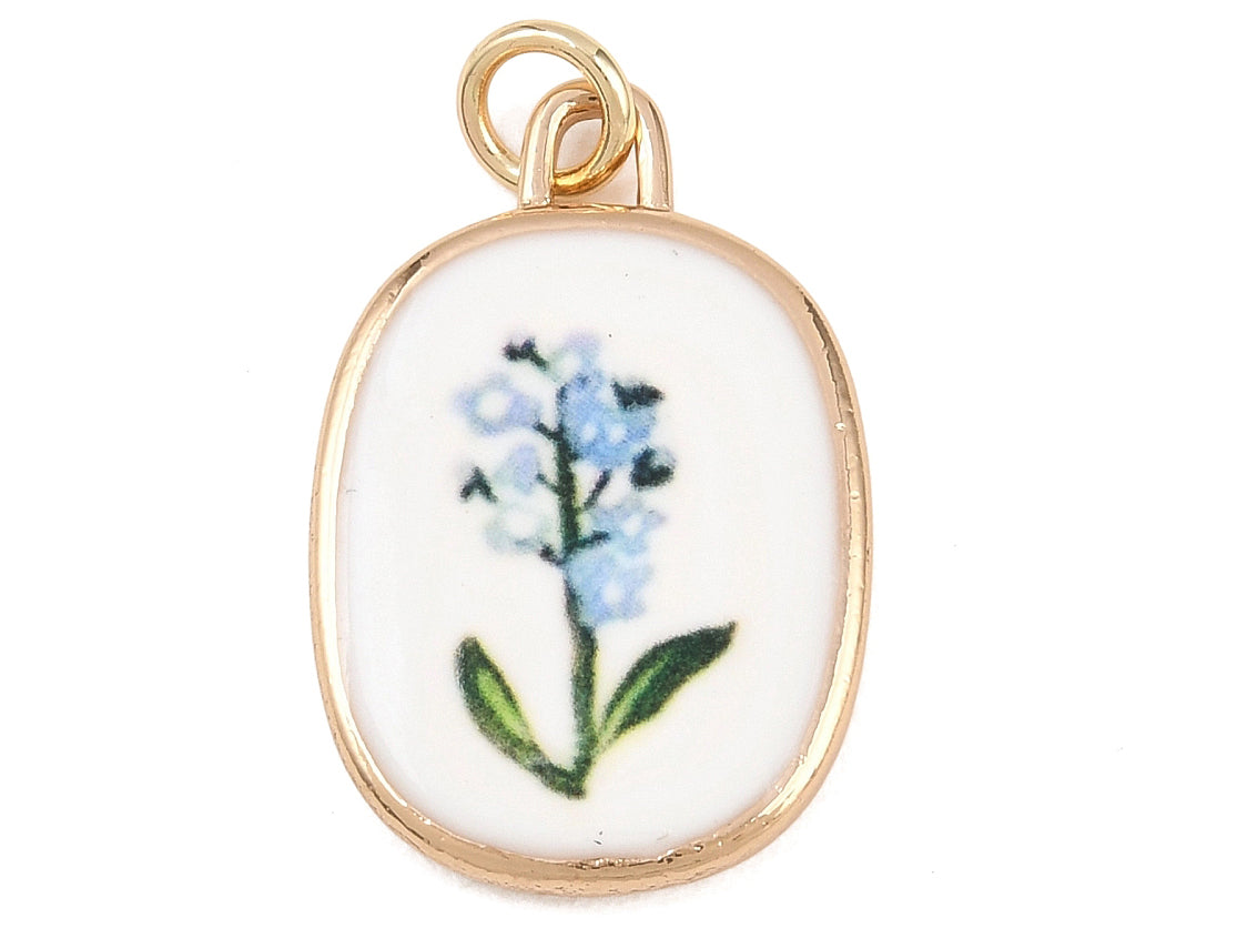 Achat Breloque ovale fleur bleue - laiton doré clair