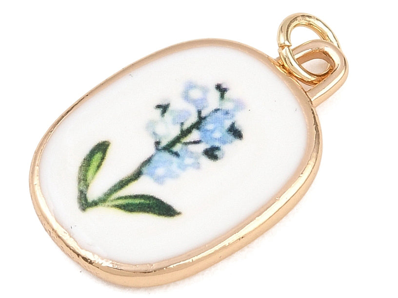 achat Breloque ovale fleur bleue - laiton doré clair