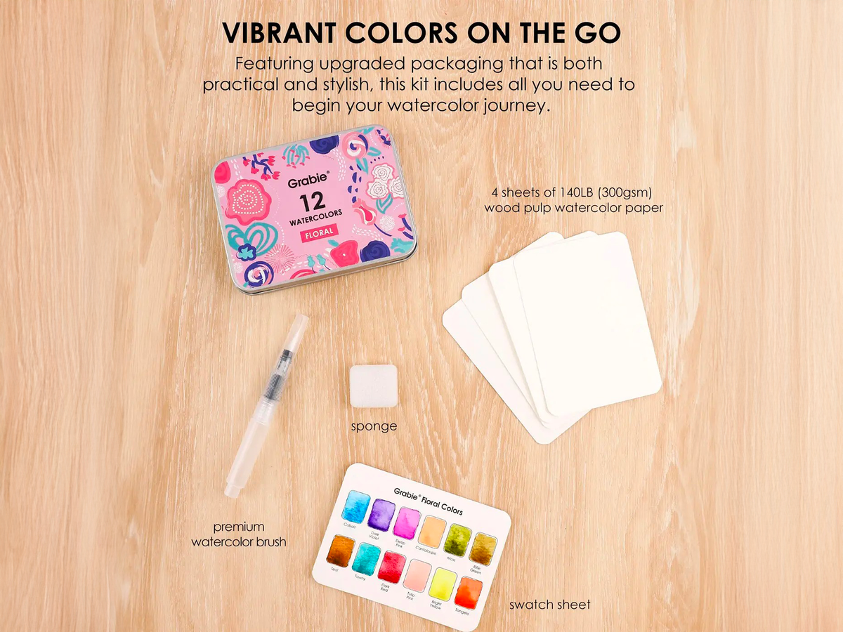 achat Boite d'aquarelle de poche 12 couleurs avec pinceau - Couleurs florales - Grabie
