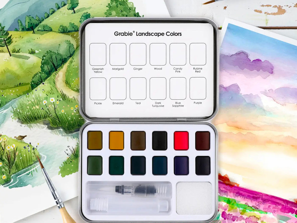 achat Boite d'aquarelle de poche 12 couleurs avec pinceau - Couleurs paysages - Grabie
