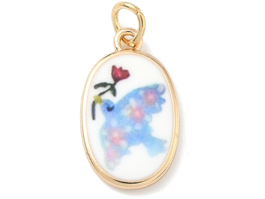 Achat Breloque ovale motif oiseau imprimée - laiton doré